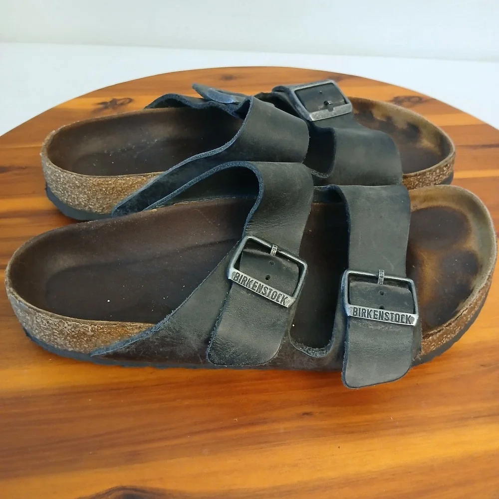 Birkenstock Arizona Sandals‎ Mens 38 Black Leather Double Buckle Cork Slide